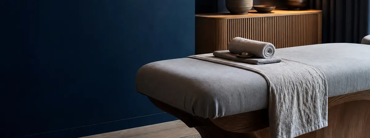 Soft folded towels and ceramic detail in the spa